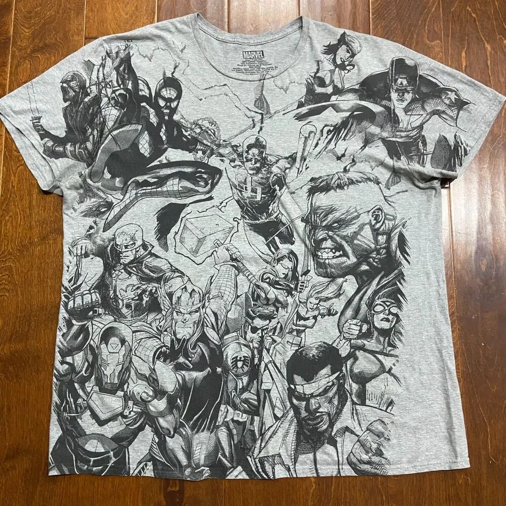 Marvel Team Ups Avengers Gray Black Big & Tall AOP Cotton T-Shirt Men's Size XXL